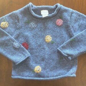 TALBOTS KIDS EUC BLUE SWEATER FLORAL EMBROIDERED TOP SHIRT PINK WINTER FALL SZ 4